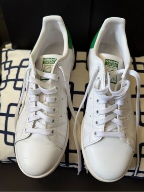 adidas White Sneakers with Green Heel and Logos